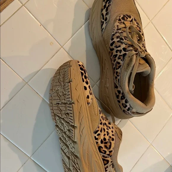 Hoka One One Women's Tan and Black Leopard Print Trainers - Picture 2 of 9